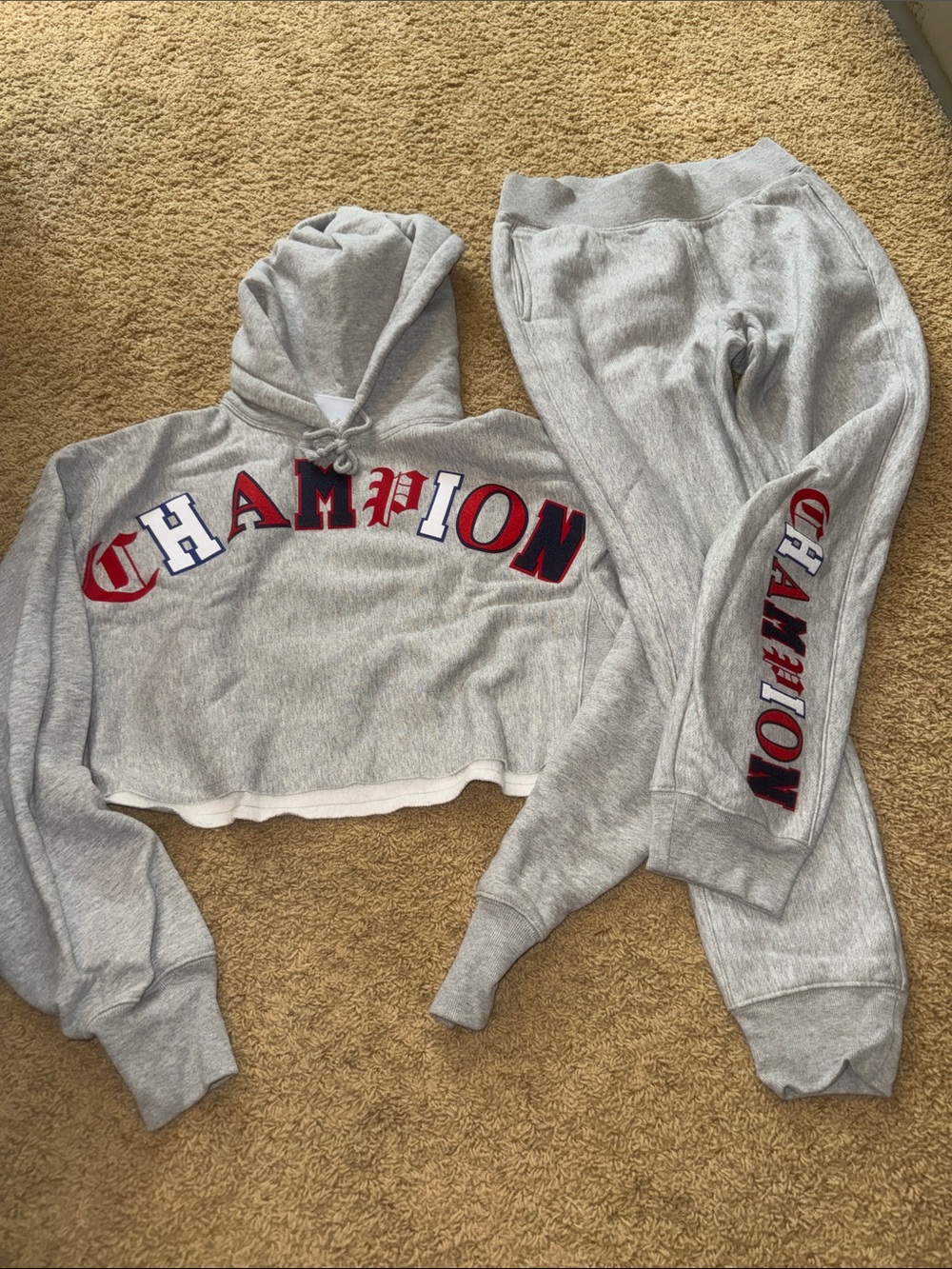 Champion Gray Cropped Hoodie & Sweatpants Set with Red and Navy Logo